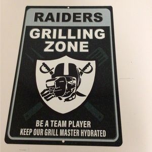 Raiders Grilling Zone Skull logo metal display wall sign
